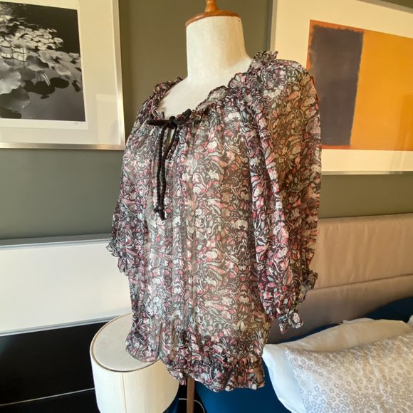 - Ella Moss Loose Floral 100% Silk Blouse Ruffled Neckline & Hem SMALL   - K918 - Picture 3 of 10
